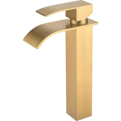 Badarmatur Mit Hohem Wasserfall, Wasserfallauslauf Für Waschbecken, Goldmischer Für Waschbecken, Hoher Waschtischarmatur, Moderner Quadratischer Chrom-einloch-kalt- Und Warmwassermischer (gold)