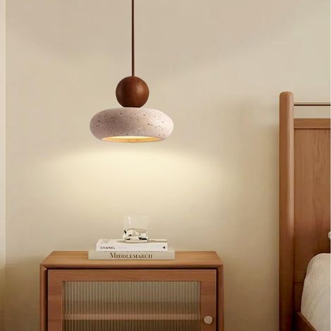 Gelbe Travertin-hängelampe, Led, Wabi-sabi-stil, Massivholz-hängelampe, Runde Kugel, Naturstein-hängelampe, Kleiner Kronleuchter, Schlafzimmer, Wohnzimmer, Nachttischlampe (15 Cm)