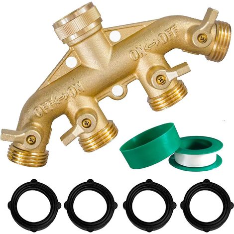 Messing-gartenschlauchverteiler (4-wege), 3/4-zoll-schlauchanschluss Aus Massivem Messing, 4-ventil-schlauchadapter Mit 4 Zusätzlichen Gummischeiben