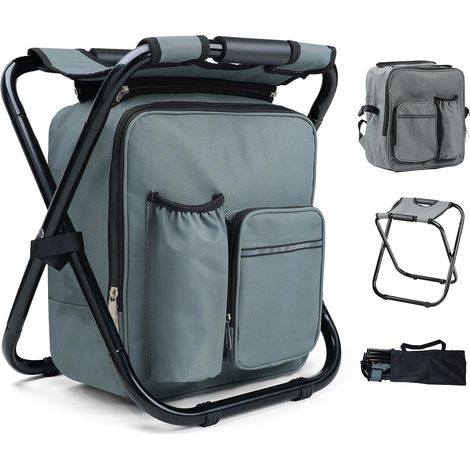 40 Cm Großer, Klappbarer Campinghocker Mit Abnehmbarer Kühltasche, Angelstuhl Mit Rucksack, Kompakt Und Funktional, Klappstuhl Für Jagd Und Picknicks, Grau