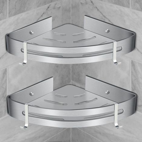 Duschregal Ohne Bohren, Eckduschregal Aus Metall Mit 4 Haken, Badezimmerregal, Duschaufbewahrung, Duschhalter, 2 Stück, Silber