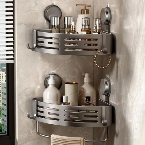Eckregal Für Die Dusche Mit Saugnapf, 2 Stück, Ohne Bohren, Badezimmer-eckregal Mit Handtuchhalter Und Haken, Aufbewahrung Und Organisation (grau)