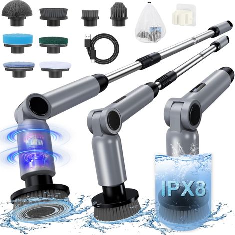 Elektrische Reinigungsbürste, [ipx8 Wasserdicht] Rotierende Reinigungsbürste, Klappbares Design, Mit Teleskopstange Und 8 Zubehörköpfen Für Badezimmer, Auto, Fenster, Dusche