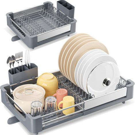 Erweiterbares Abtropfgestell, Abtropfgestell Aus Aluminium, Abtropfgestell, Verstellbares Abtropfgestell Mit Ablauftülle, Faltbares Abtropfgestell Für Die Küche, Grau