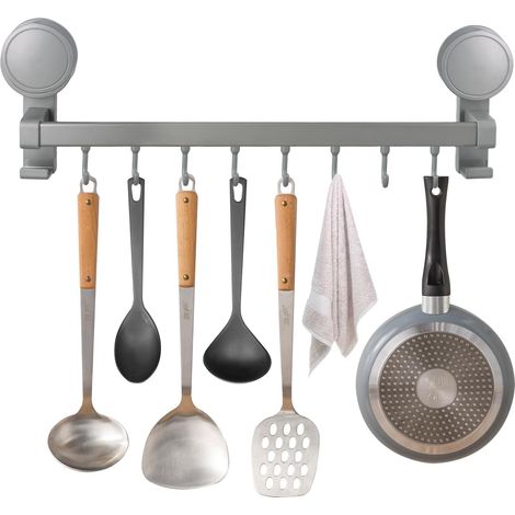 Küchenutensilienhalter, 40 Cm Saugnapf-utensilienhalter Mit 8 Abnehmbaren Haken, Küchenzubehör Ohne Bohren Aufbewahrung Organizer Rack Für Küche/bad (grau)