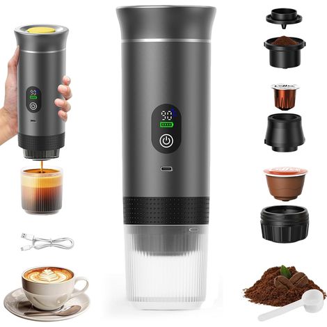 Tragbare 3-in-1-kaffeemaschine, Wiederaufladbare Tragbare Reisekaffeemaschine, 12-v-espresso-kaffeemaschine Für Kapseln, Gemahlenen Kaffee, Für Camping, Reisen, Büro, Auto, Zuhause, Grau