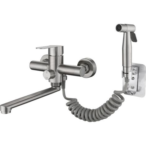 Wandmontierter Küchenarmatur, Einhebel-spültischmischer, Küchenarmaturen Mit Spritzpistole Und 2 Arten Von Wasserstrahlen, 360° Drehbar, Aus Gebürstetem Edelstahl