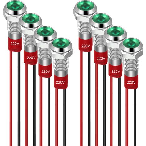 8 Stück 6 Mm Led-anzeigeleuchte, 220–230 V, Wasserdichtes Signallicht, Metallplatte, Led-anzeige, Plattenmontage, Flachkopf Mit Drähten, Silberfarbenes Gehäuse, Grün