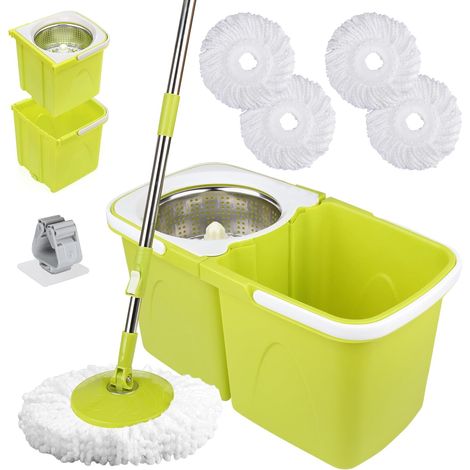 Mopp Mit Auswringeimer Und Rotierendem Besen – Mopp-set Zum Waschen Von Böden, Doppelkammer-eimer Mit Automatischer Schleuderfunktion, 4 Ersatzköpfen Und 1 Mopphalter