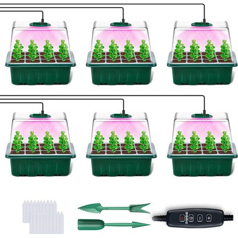 Set Mit 6 Mini-gewächshäusern Mit Timer – Einstellbare Helligkeit – Zimmergewächshaus Mit Deckel Und Belüftung – 10 Etiketten, 2 Werkzeuge