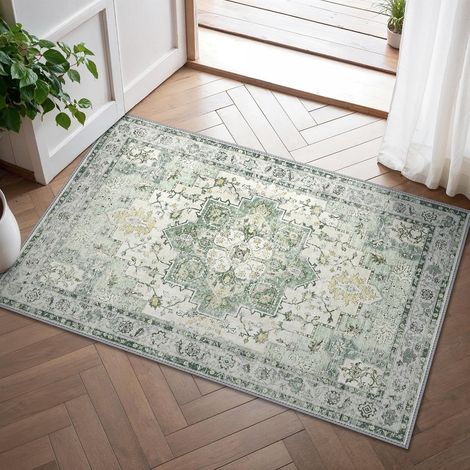 Vintage-teppich, Boho-teppich, Waschbar Mit Rutschfester Unterseite, 60 X 90 Cm, Bedruckter Teppich Für Eingang, Flur Und Flur, Grün