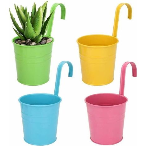 4 Stück Hängende Blumentöpfe Aus Metall Mit Ablaufloch, Robust, Für Den Außenbereich, Für Balkon, Gartenzaun