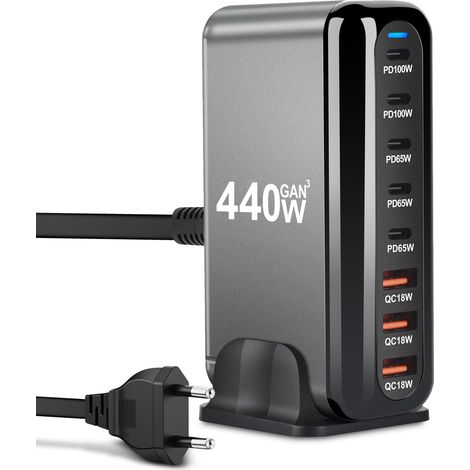 440 W 8-port-usb-c-ladegerät, Gan Iii-ladestation, Usb-c-ladegerät Mit 5 X Usb-c Pd + 3 X Usb-a Qc4.0, Schnellladegerät Für Telefon 16/15/14 Pro Max, Samsung Galaxy, Macbook, Pad, Laptop