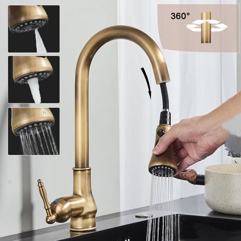 Retro-küchenarmatur Aus Messing Und Edelstahl 304 – 24-zoll-ausziehbrause – 2 Gpm Durchflussrate – Wasserhahnkopf Mit 3 Funktionen
