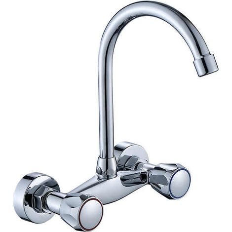 Wandmontierter Wasserhahn Für Küche, Waschmaschine Und Spüle, Mit Zwei Griffen Und Wassersparendem Luftsprudler. Chrom.
