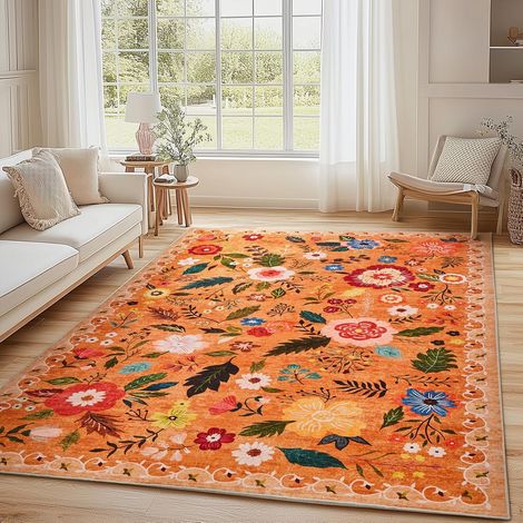 1 Teppich Mit Blumenmuster, Rutschfester Kurzflor, Weich, Maschinenwaschbar, Wohnzimmer, Schlafzimmer, Büro, Orange, 140 X 200 Cm