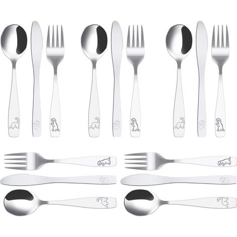 15-teiliges Kinderbesteck Aus Edelstahl, 5 X Gabel, 5 X Löffel, 5 X Sicheres Gezahntes Messer, Edelstahl-kinderbesteck Mit Dschungel-dinosaurier-gravur, Baby-edelstahlbesteck Für Kinder, Zuhause, Rest