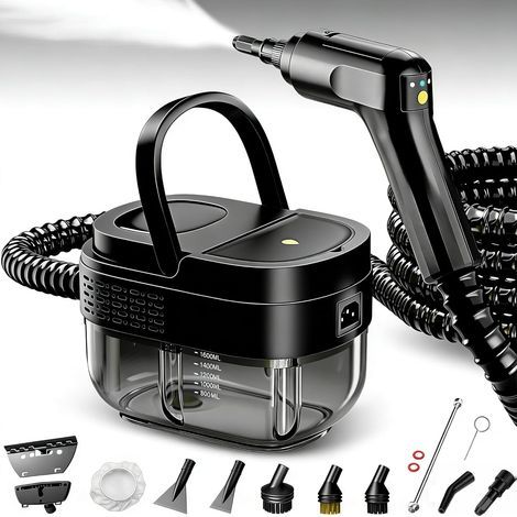 2500 W Dampfreiniger, 1600 Ml Wassertank, 3-fach Verstellbarer Griff, Hohe Temperatur 105 ℃ Und Druck 3 Bar, Schnelles Aufheizen In 15 Sekunden, 10 Zubehörteile, Für Auto, Küche (schwarz)