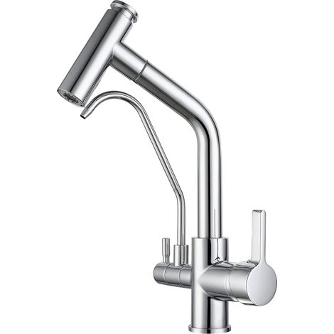 S-giant 3-wege-küchenarmatur Mit Ausziehbrause, 2 Ausläufen, 360° Schwenkbarer Küchenarmatur, Messing, Kompatibel Mit Küchenspülen Für Trinkwasser (chrom)
