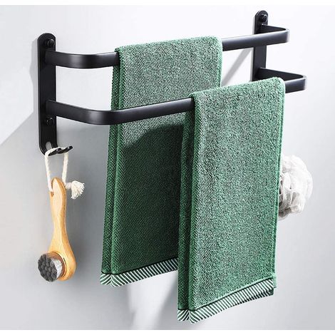 Badezimmer-handtuchhalter, Ohne Bohren, Schwarze, Selbstklebende, Wandmontierte Handtuchstangen Für Dusche Und Küche, Wasserdichte Türstangen Mit 2 Haken, Doppelstangen – 40 Cm