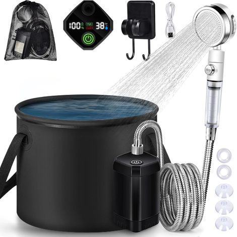 Campingdusche Mit Filter, 6000 Mah Wiederaufladbare Elektrische Duschpumpe Mit 4 Filterkartuschen, Intelligente Temperaturanzeige, 20 L Eimer Für Camping, Wandern, Haustiere