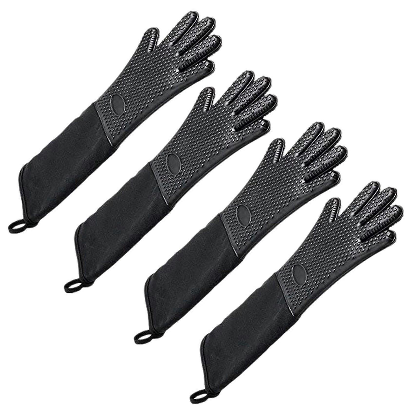 Lot De 2 Gants De Cuisine Professionnels Extra Longs En Silicone, Résistants À La Chaleur Et Doublés De Coton - Noir