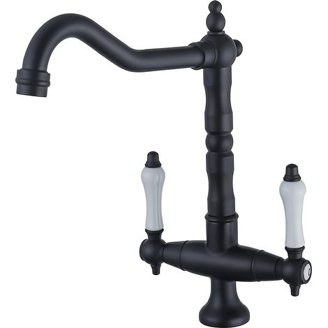 S-giant Retro Küchenarmatur In Schwarz – Zweigriff-küchenmischer – 360° Schwenkbar – Spültischarmatur – Hochdruck-messing-hochauslauf