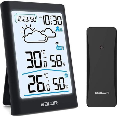 Drahtlose Wetterstation, Thermometer, Hygrometer, Barometer, Für Drinnen Und Draußen, Digitale Uhr, Alarm Und Uhrzeit, Datum, Tagesanzeige, Schwarz