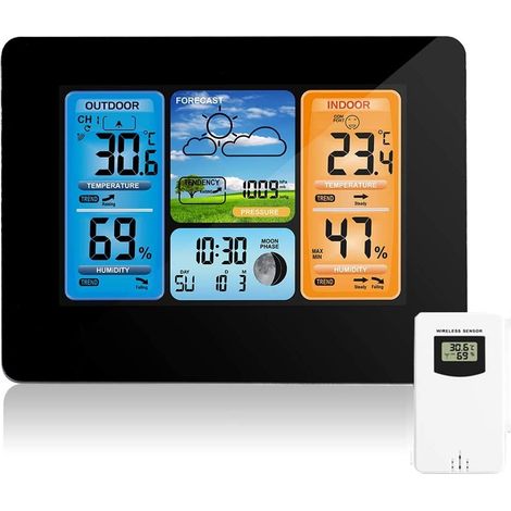 Drahtlose Wetterstation, Digitale Farbvorhersagestation, Innen- Und Außenthermometer, Luftfeuchtigkeitsthermometer, Barometer, Alarm, Mondphase, Wetteruhr Mit Außensensor, Schwarz