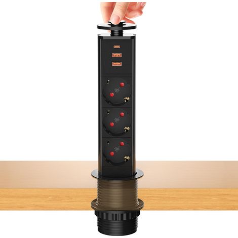 Einbau-steckdosenleiste Mit Einziehbarem Steckdosenblock, Elektrisch, 3 Steckdosen Mit Usb C Und 2 Usb, Tisch-arbeitsplattensteckdose, 4000 W/16 A, Ø 60 Mm Kabel 1,8 M – Für Küche, Büro, Schwarz
