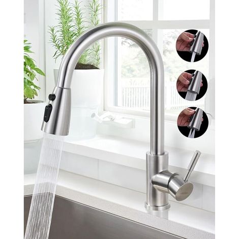 Küchenarmatur Mit Herausziehbarer Brause, 360° Schwenkbarer Hoher Auslauf, 2 Strahlarten, Hochdruck-einhebelmischer, Ausziehbarer Küchenspülen-wasserhahn, Edelstahl