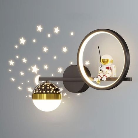 Moderne Astronauten-led-wandleuchte, Mond- Und Sternenprojektion, Für Kinderzimmer, Kinderzimmer, Spielzimmer (schwarz)