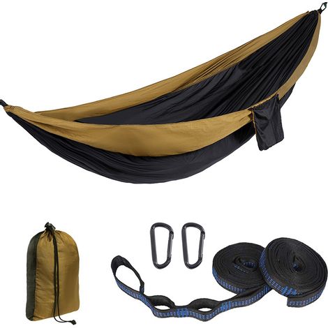Outdoor-hängematte, 300 X 200 Cm Große Reise-hängematte Für 2 Personen, 300 Kg Camping-hängematte Aus Fallschirmseide Mit 2 Nylongurten + 2 Starken Wanderschnallen Aus Stahl (camel Spelling Black)