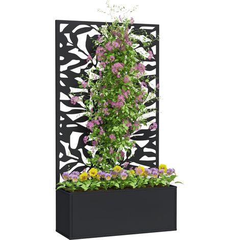 Pflanzgefäß Mit Spalier, Großer Rechteckiger Blumenkasten, Metall-sichtschutzpaneel, 61 X 23 X 113 Cm, Schwarz
