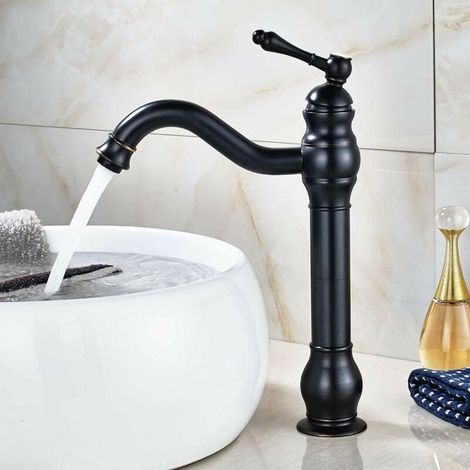 Retro-waschtischarmatur, Schwarzer Badezimmer-wasserhahn, Hoch, Um 360° Drehbar, Klassischer Retro-badezimmer-wasserhahn Zamery Messing-waschtischarmatur