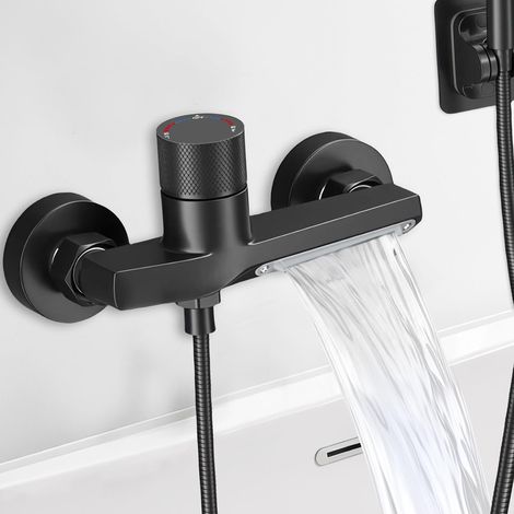 Schwarzer Wand-thermostat-duschmischer, Wasserfall-wasserhahn Aus Massivem Messing, 2 Wasserauslässe, G1/2-anschluss Nach Europäischem Standard Für Badezimmer, Mittenabstand 150 Mm