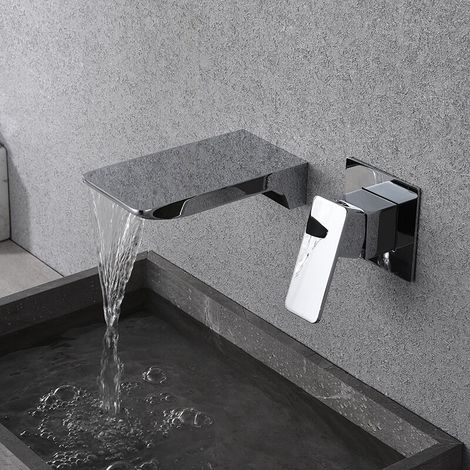 Schwarzer Wandeinbau-waschtischmischer, 2-loch-wandmontage-wasserfall-wasserhahn, Mischbatterie Aus Silbernem Messing – Rwwaschtischmischer