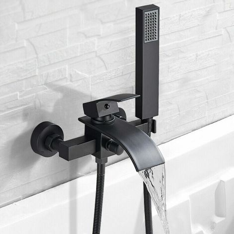 Schwarzer, An Der Wand Montierter Wasserfall-badewannenmischer, Badewannen-wasserhahn Mit Handbrause, Wand-montierter Wasserfall-duschkopf, Heißer Und Kalter Badewannen-wasserhahn