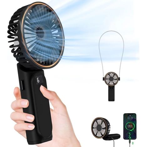 Schwarzer Tragbarer Handventilator, Um 180° Faltbarer Mini-ventilator, 5 Geschwindigkeiten, Lcd-display, Extrem Leise, 3600 Mah, Taschenformat, Für Drinnen Und Draußen, Mit Trageband