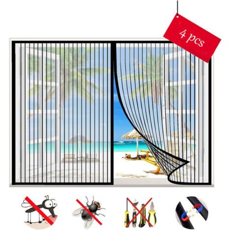 Set Mit 4 Magnetischen Fliegengittern, Selbstklebender Netzvorhang, Magnetische Fliegengittertür, Automatisches Schließen, Für Fenstertüren, Schwarz, 47 X 47 Zoll (120 X 120 Cm) Fenstergitter