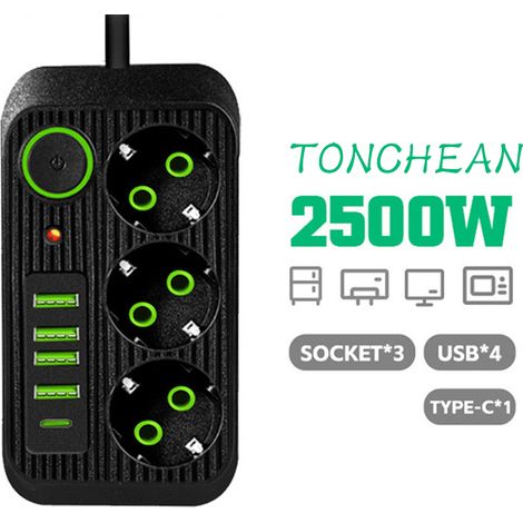 Tonchean Wandsteckdosenleiste 3 Steckdosen Und 4 Usb Mit 1 Usb C, 8 In 1 Elektrisch, Steckdosenleiste Für Home Office Schwarz
