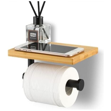 Toilettenpapierhalter Mit Bambusablage, Badezimmerrollenhalter Aus Sus304-edelstahl, Wandhalterung, Mattschwarz, Ohne Bohren