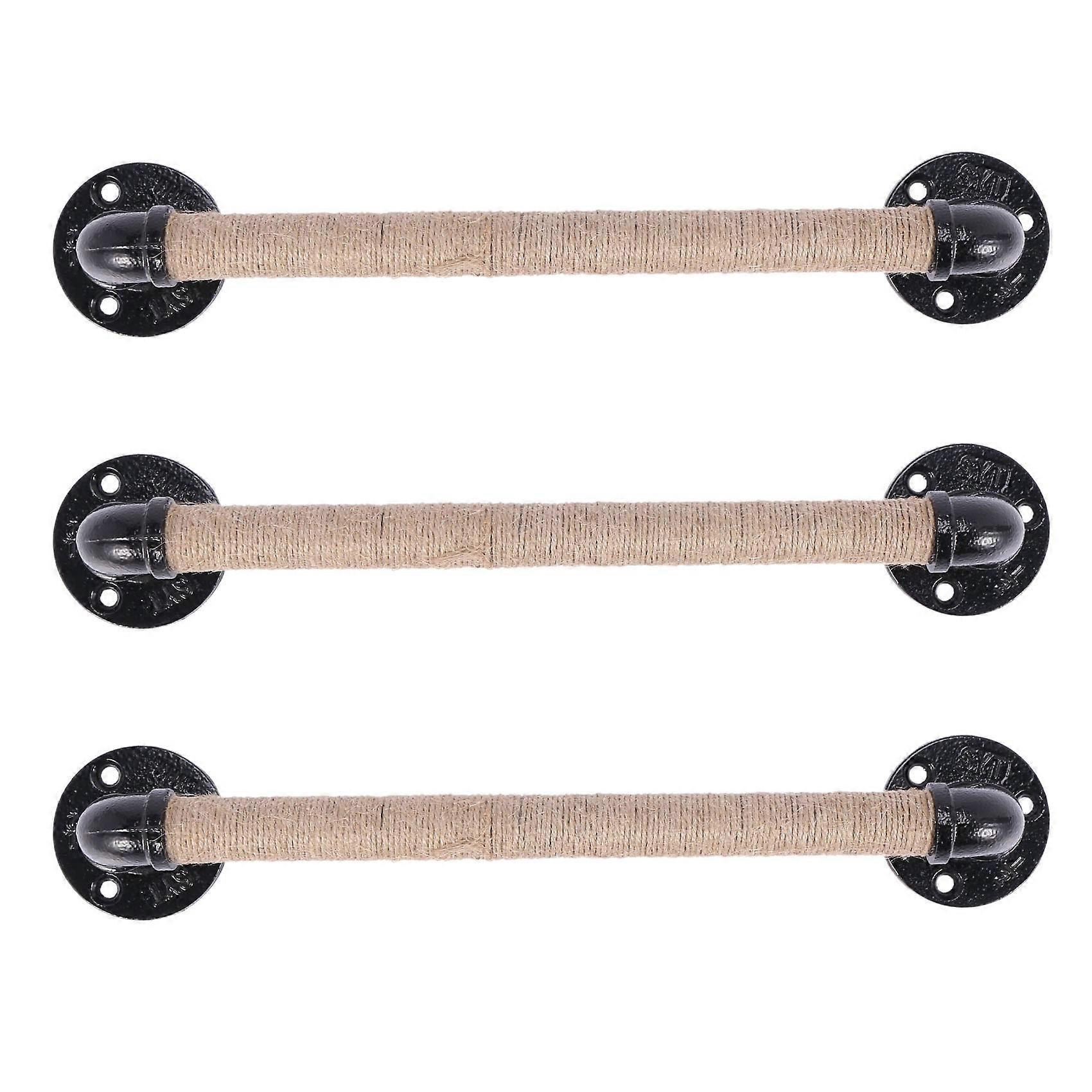 Lot De 3 Poignées De Porte Coulissante De Style Industriel En Tuyau, En Fer Forgé Noir Antique Avec Poignée En Corde.