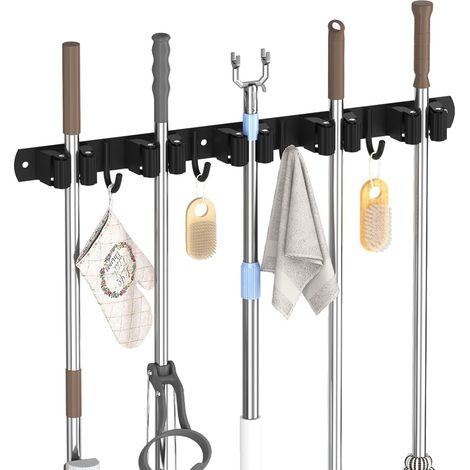 Wandbesenaufhänger, Wandbesenhalter Mit 5 Halterungen Und 4 Haken, Wandbesenhalter Aus Edelstahl Für Küche, Garage, Garten, Schwarz