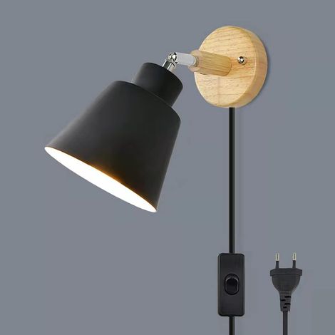 Wandleuchte Mit Ein-schalter Und Steckdose, Moderne Nachttischlampe, Vintage-macaron-wandleuchte, E27-wandleuchte Aus Holz, Geeignet Für Wohnzimmer Und Schlafzimmer (schwarz)