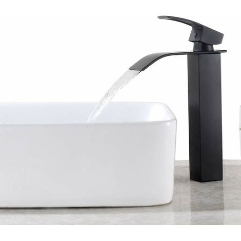 Ymyny Schwarzer Wasserfall-waschtischarmatur, Hoher Waschbeckenmischer Auf Der Arbeitsplatte, Großer Quadratischer Messing-auslaufhahn, Heißes Und Kaltes Wasser Verfügbar, Auslaufhöhe