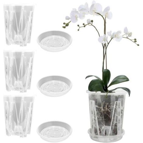 Set Aus 3 Durchsichtigen Orchideentöpfen Aus Kunststoff, Mit Drainagelöchern Und Belüftetem Design – Geeignet Für Innen- Und Außenpflanzen (14 Cm + Untersetzer)