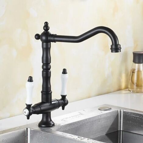 360° Drehbarer Küchenarmatur, Gold Und Schwarz, Messing-badezimmerarmatur Mit Heißem Und Kaltem Wasser, Einzelloch Mit Luftsprudler, Doppelgriff-küchenarmatur, Gold Und Schwarz