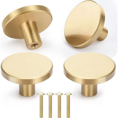 4 X Runde Möbelgriffe, 33 Mm, Gebürstetes Messing, Schrankknöpfe, Griffe Für Türen, Schränke, Schubladen, Gold