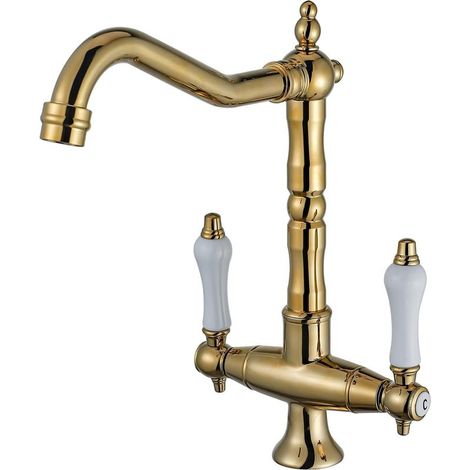 Vintage-küchenarmatur In Gold, 360° Schwenkbare Küchenarmatur, Zweigriff-spültischarmatur, Hochdruck-mischbatterie, Auslauf Aus Hochwertigem Messing